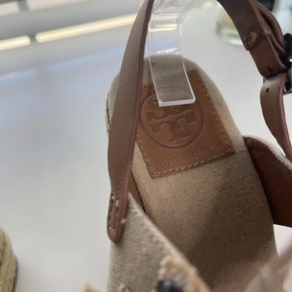 Tory Burch Linen Espadrille Wedge 7.5 Double Strap Sandals Boho Floral Jeweled